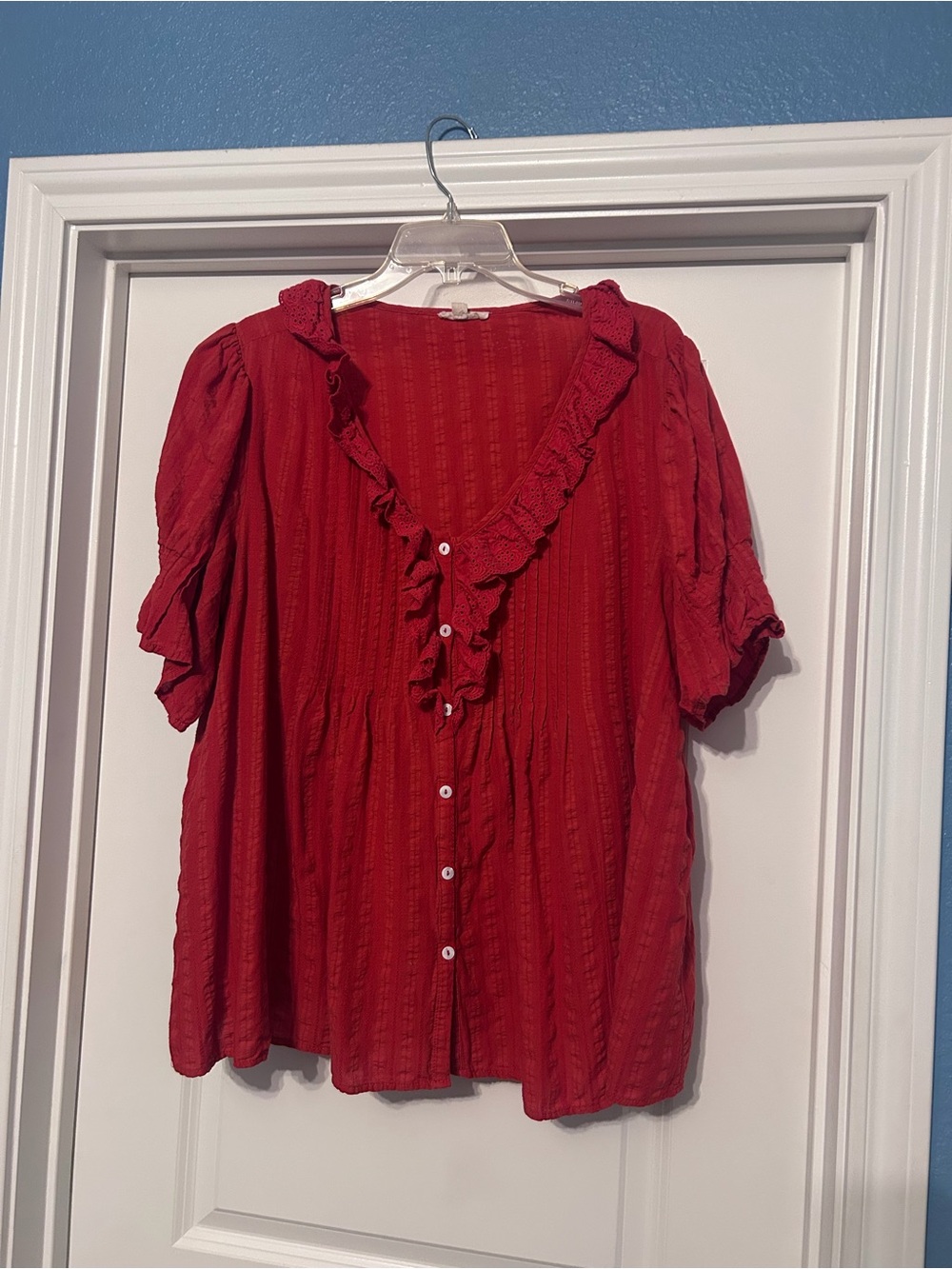 Red Ruffle-Front Women's Button-Up Top - Picture 2 of 5